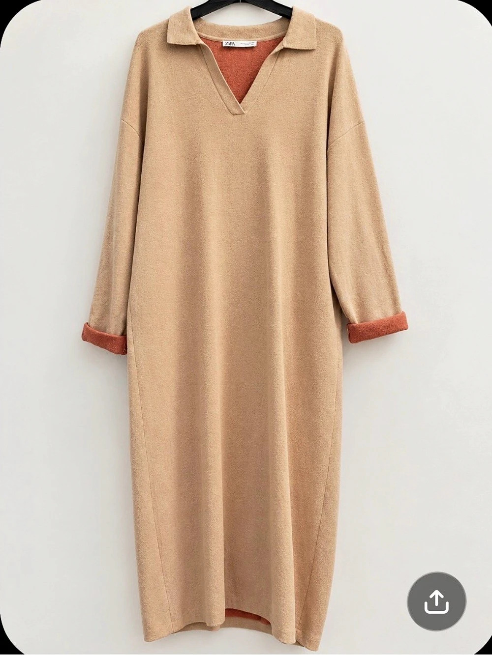 ZARA oversized tan Knit Polo Dress with burnt orange detailing